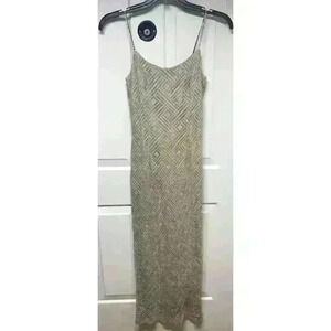 VTG 90s Y2K Gold Metallic Geometric Art Deco Evening Dress Caché Size 5 6 USA